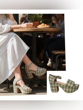 Sage Green and Cream Plaid Platform Sandals size 8 Cottagecore Bohemian trendy